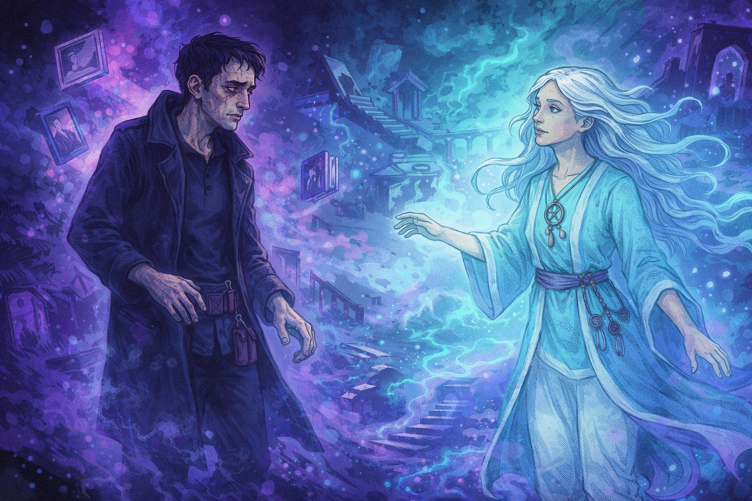Luna Veil encountering Rook in dreamspace