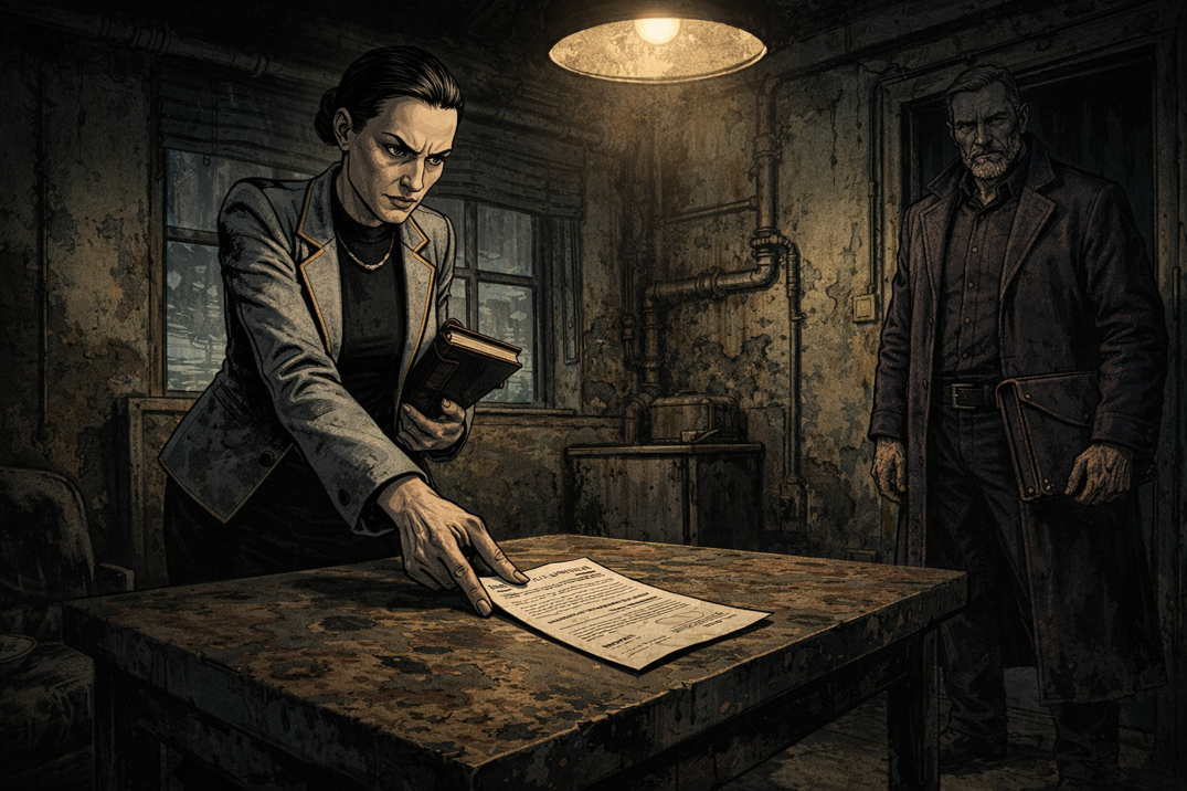 Lydia presenting the contract to Harwick