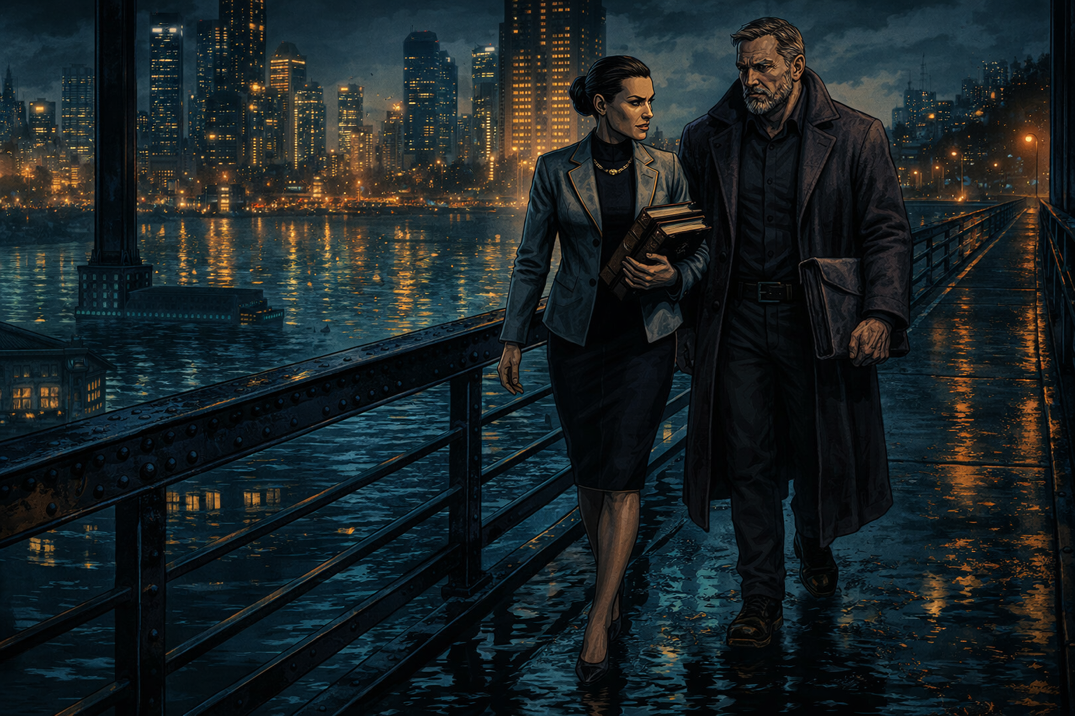 Lydia and Gavin walking through the Drowned Coast at dusk