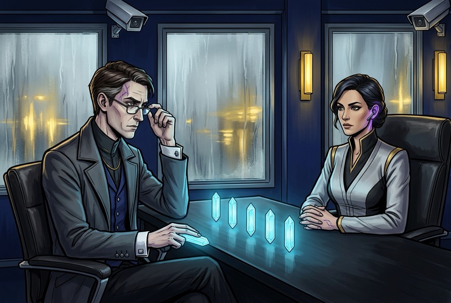 Corvin Pale presenting his analysis to Vesper Thane in the Silken Spire