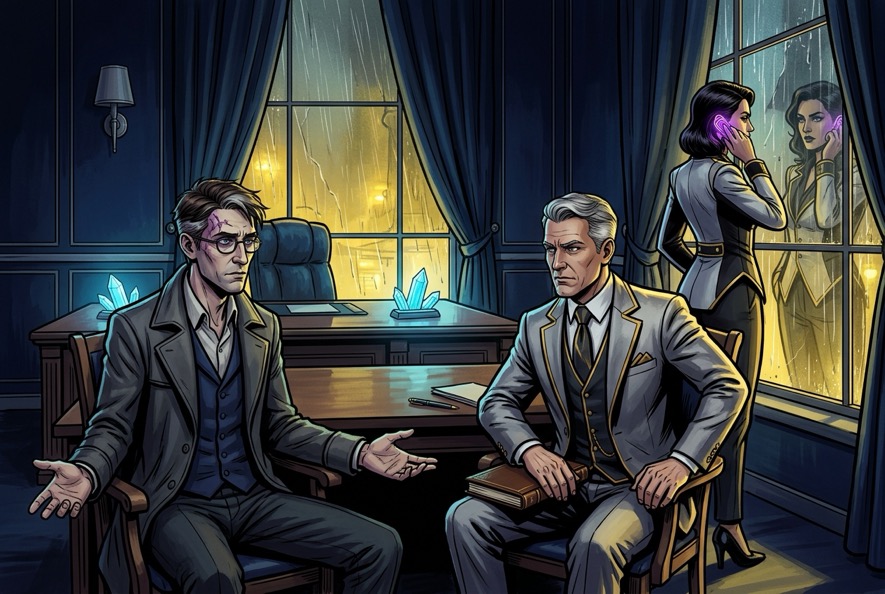 Vesper Thane and Sterling Graves receiving Corvin's report in the fog-lit suite