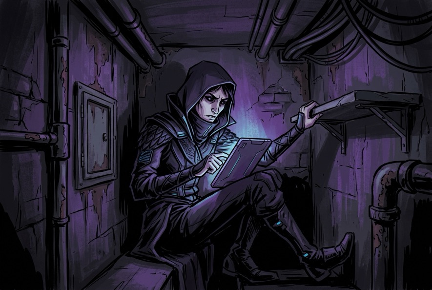 Null Crow alone in a Market safe house, examining their own data channels
