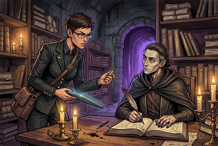 Roz Alaric presenting her data-pad to Seren Dusk in the candlelit archive