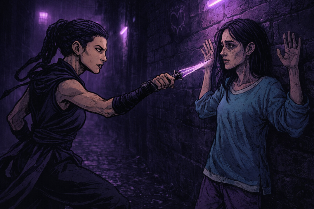 Mara confronting Neriah in a dark alley, daggers drawn