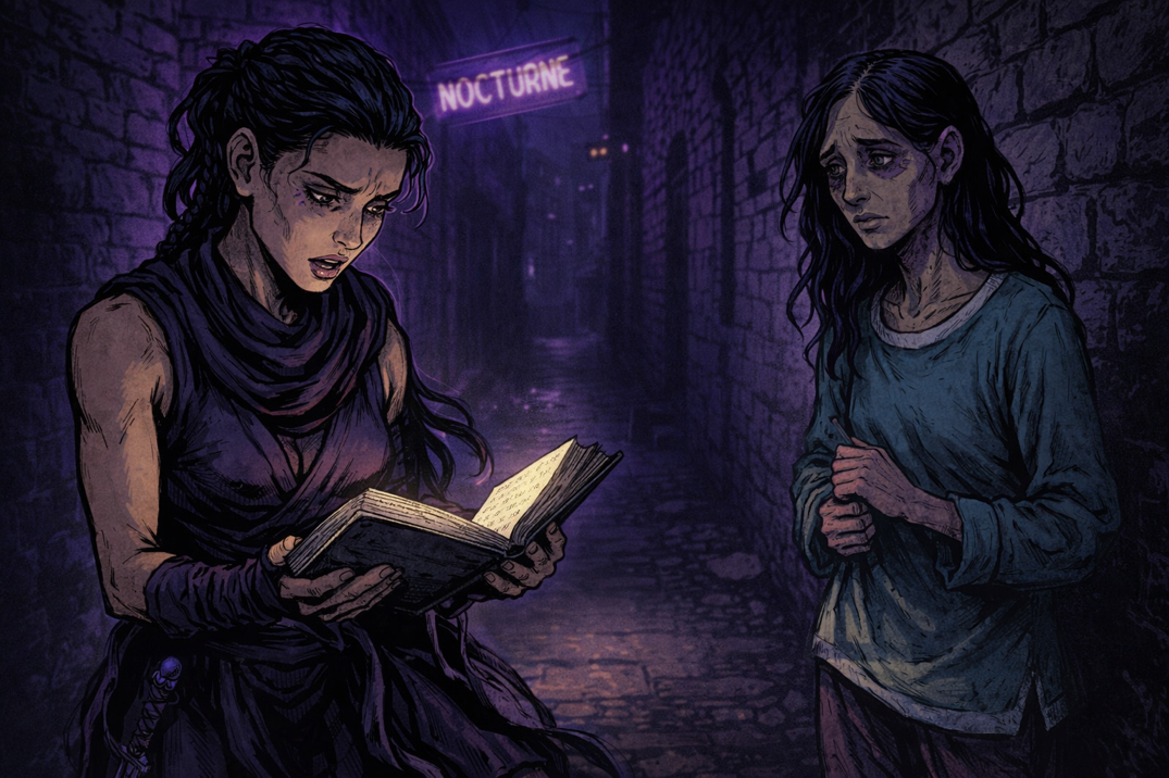 Mara reading the notebook with growing horror while Neriah watches