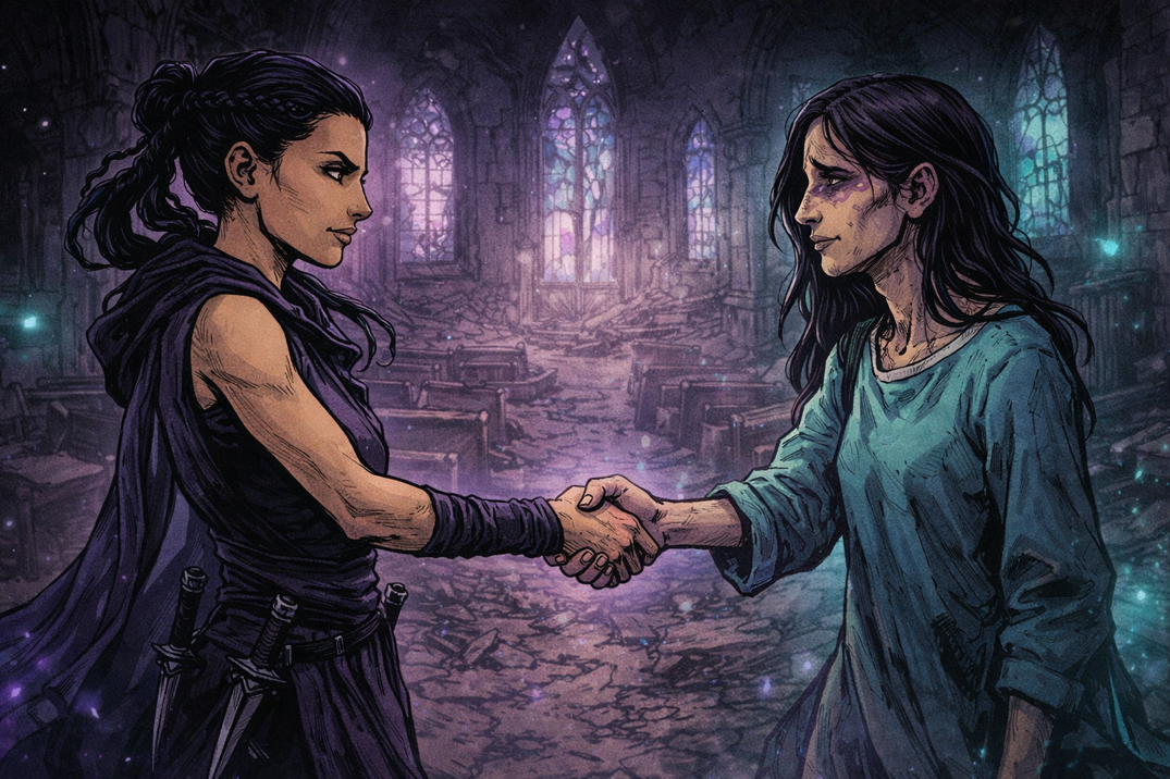 Mara and Neriah shaking hands in the ruined church, forming their alliance