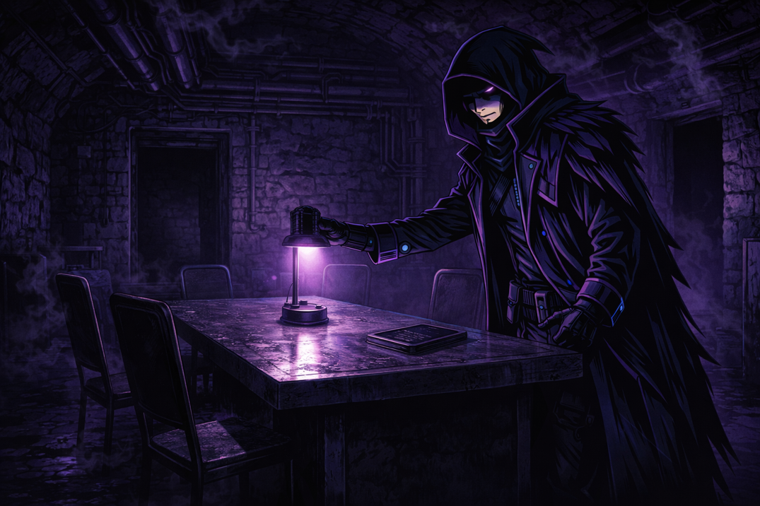 The Night Market auction room, illuminated by purple Aether light