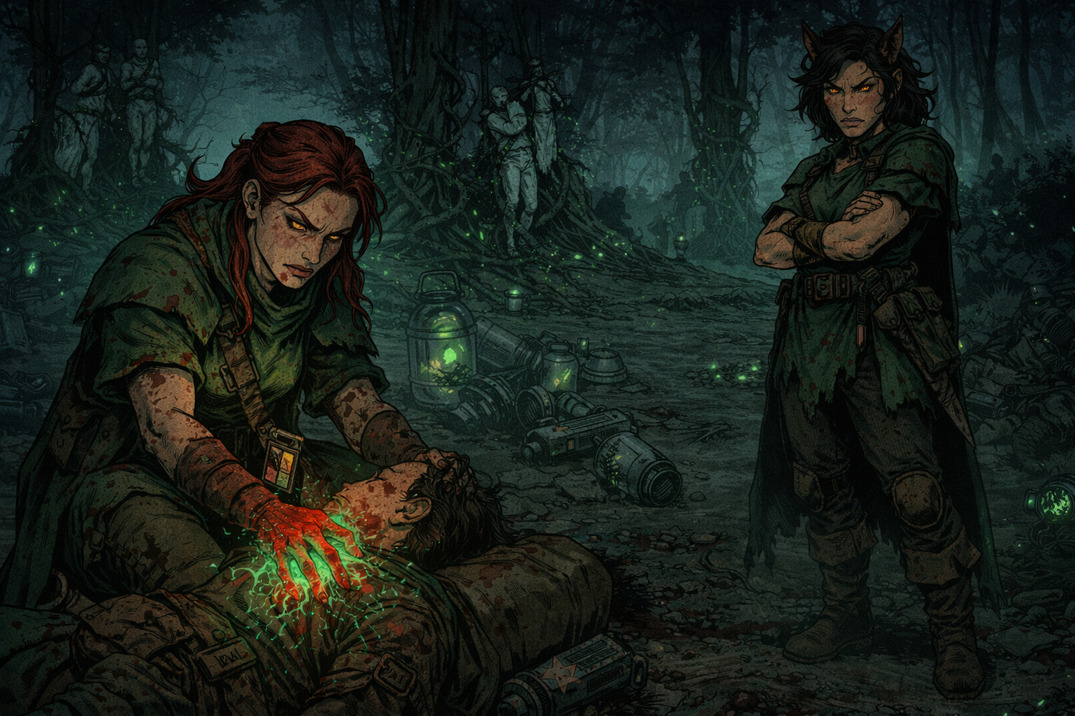 Sahri treating the wounded amid scattered Fleshbound equipment