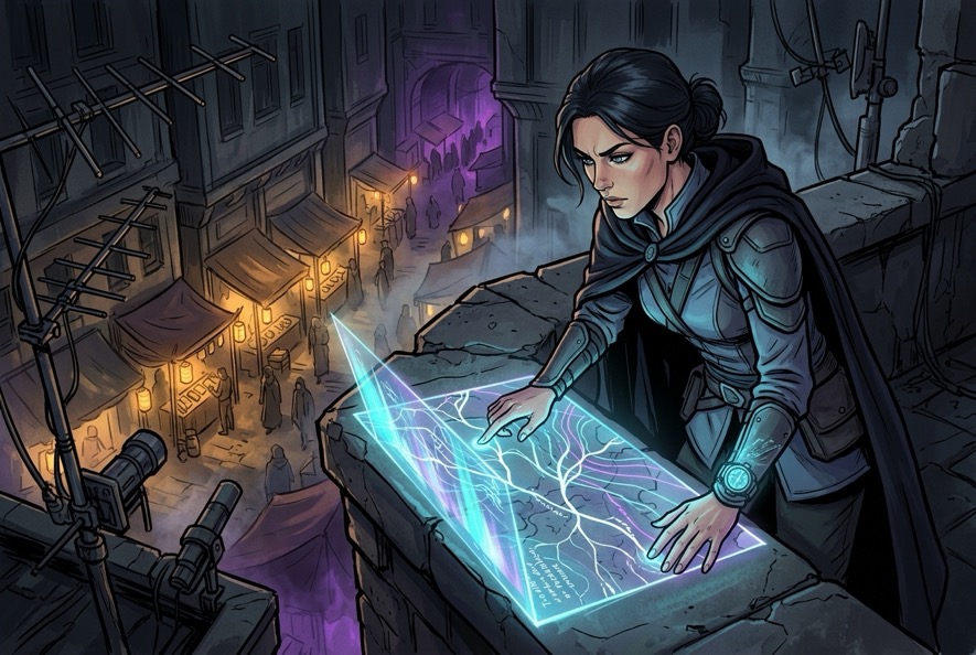 Wren Sable studying translucent probability maps on a balcony above the Night Market