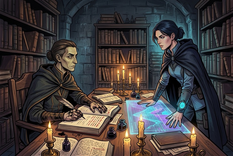 Wren Sable and Seren Dusk comparing probability maps and ledger entries in a candlelit archive