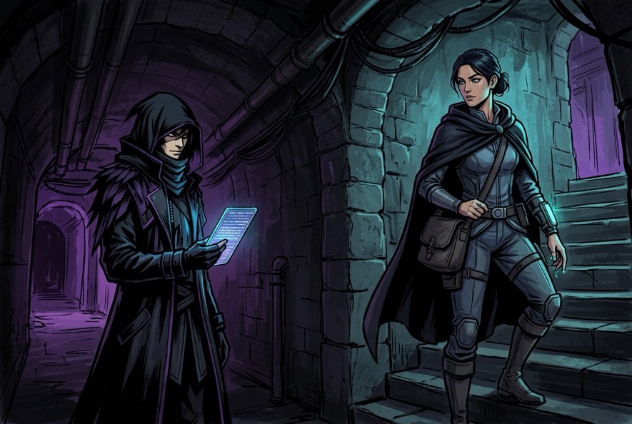 Wren Sable confronting Null Crow in a dark tunnel beneath the Night Market