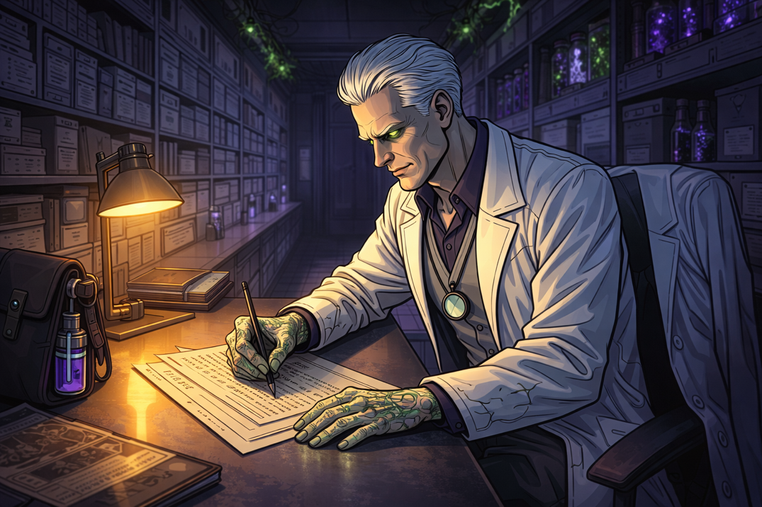 The Gardener composing their report in the archive wing