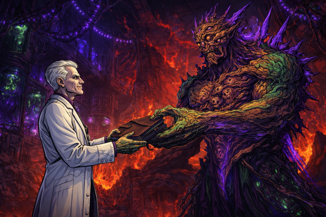The Gardener delivering their report to the Progenitor in the throne chamber