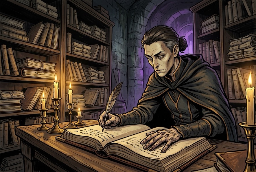 Seren Dusk recording transactions in the candlelit archive