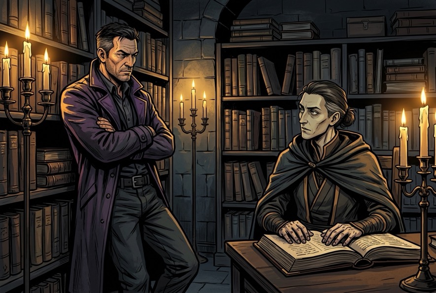 Kade Moros visiting Seren Dusk in the underground archive