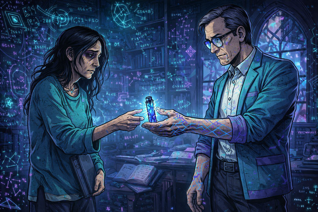 Neriah receiving the Aether vial from Eidolon in his study
