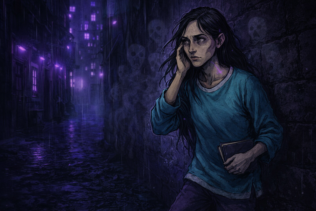 Neriah standing in the shadows of the Median, determination on her exhausted face