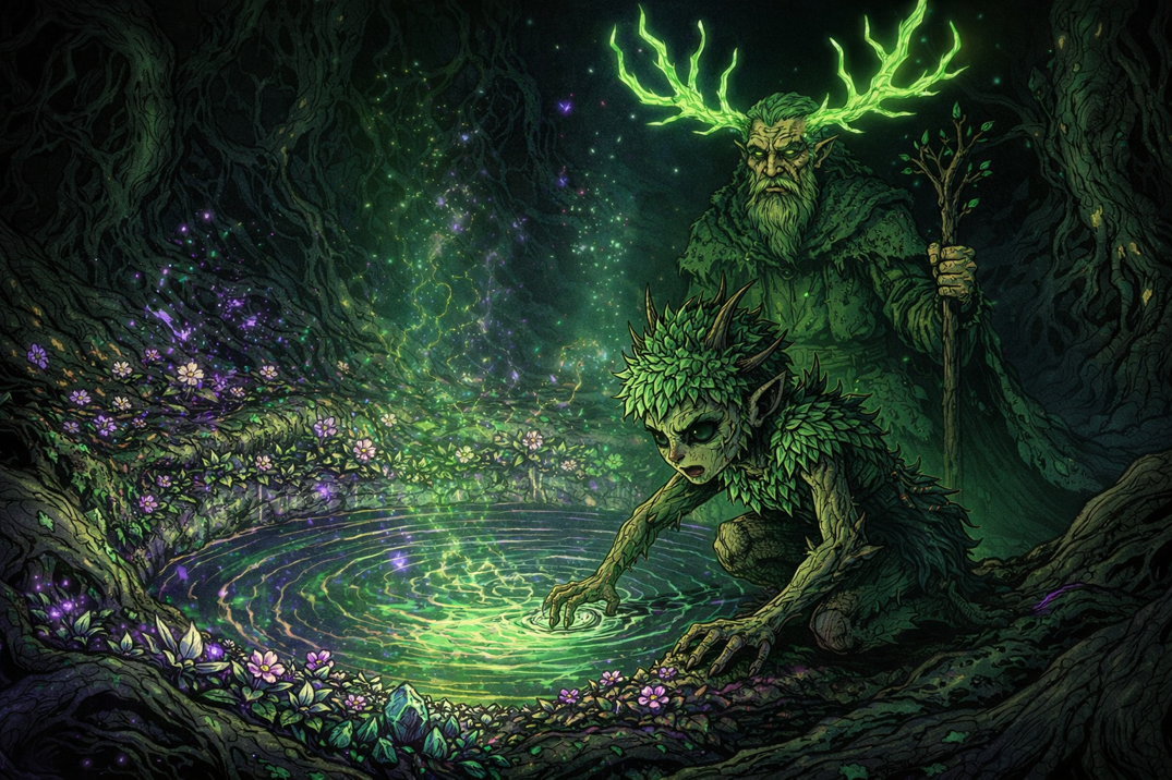 The wellspring revealed with Bramble kneeling at its luminous edge