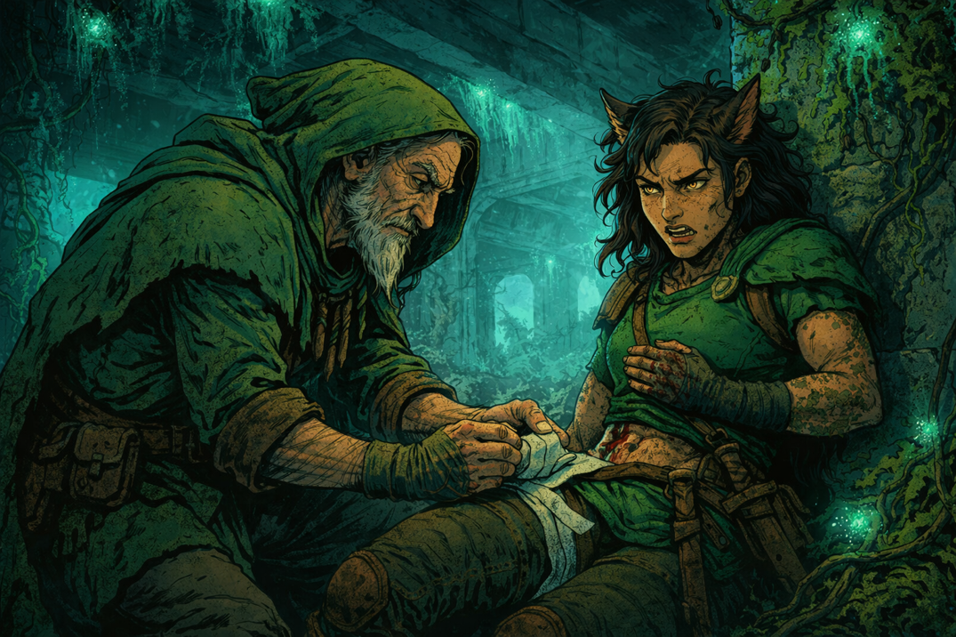 Theron treating Ari's wound