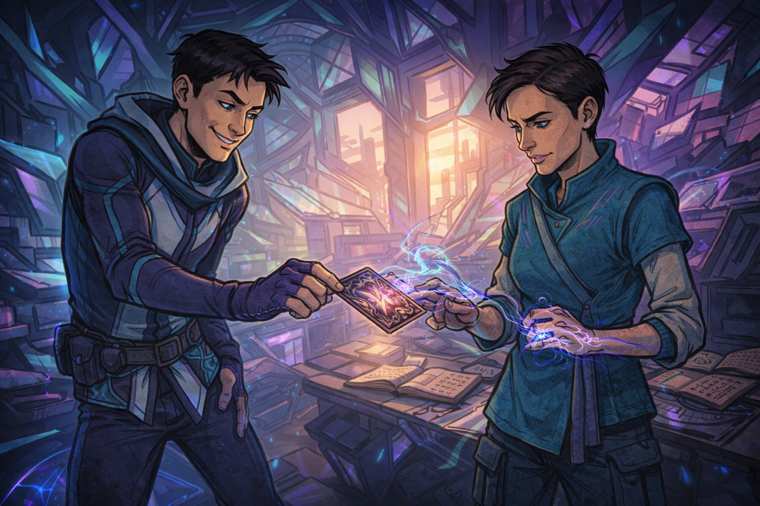 Bryn showing Tess the card in the Veilwalker territory