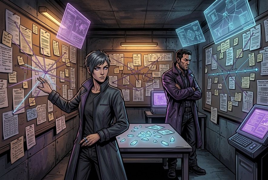Tycho Grey presenting the complete forensic case to Kade Moros in the operations room