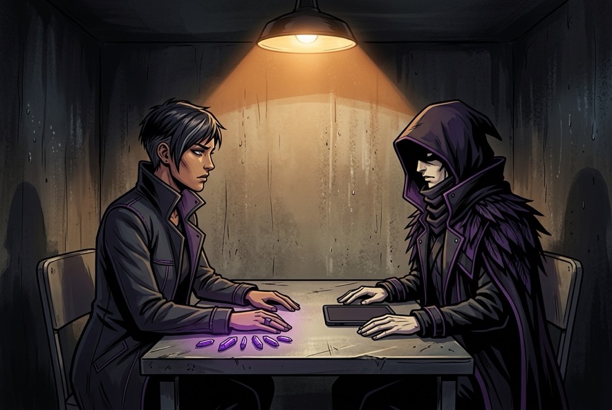 Tycho Grey confronting Null Crow with the forensic evidence in an underground meeting room