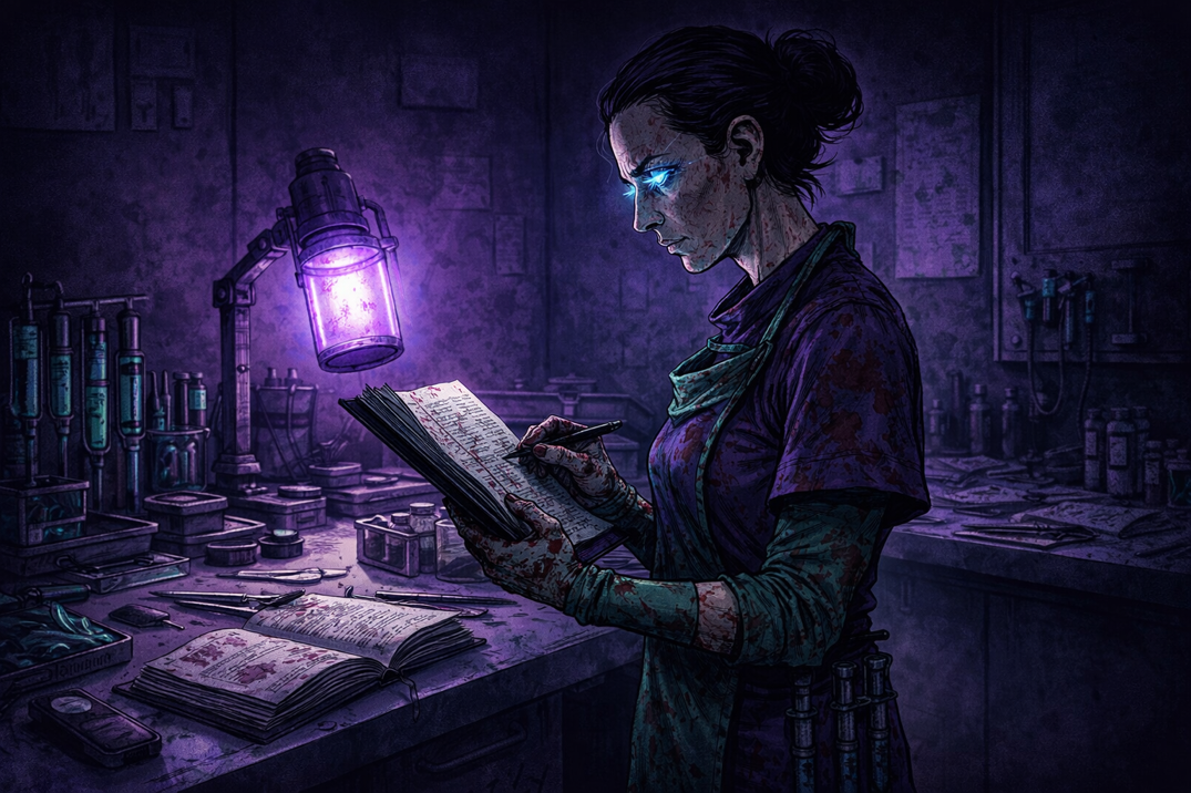 Scalpel in the borrowed room, reviewing her notes with clinical detachment