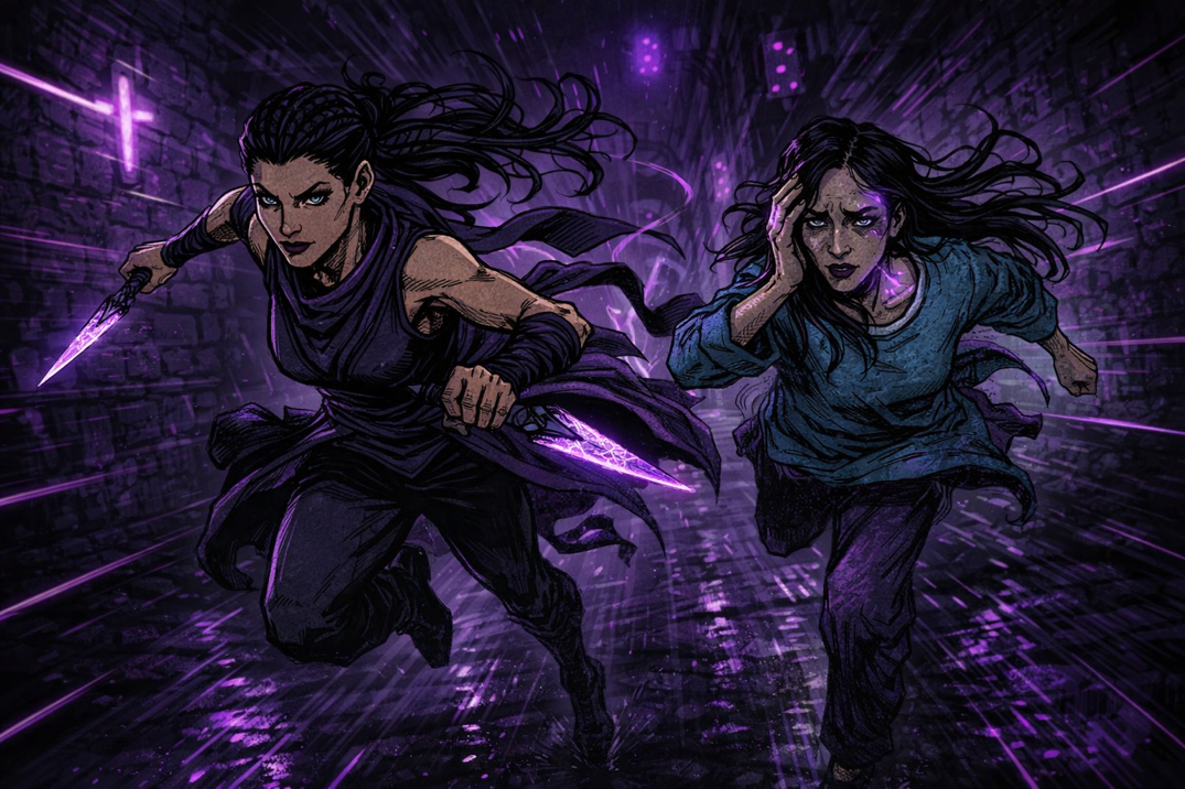 Mara and Neriah running through the Median, Neriah's temple scars blazing