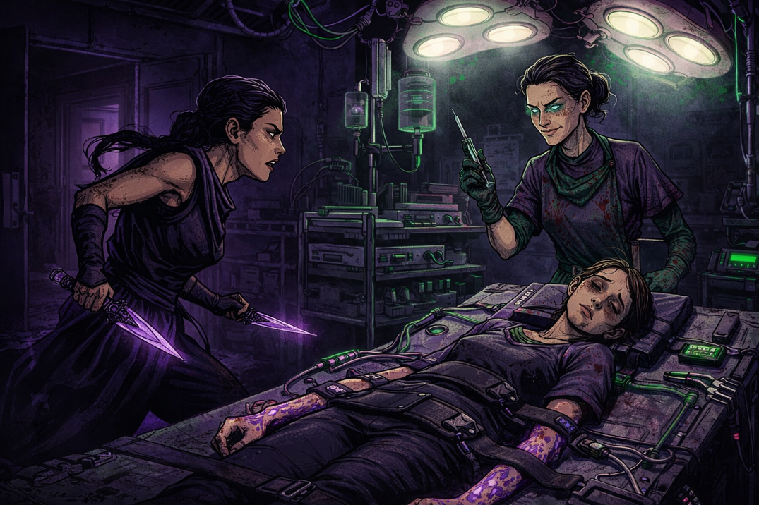 Scalpel holding the syringe over restrained Iri while Mara stands frozen with daggers drawn