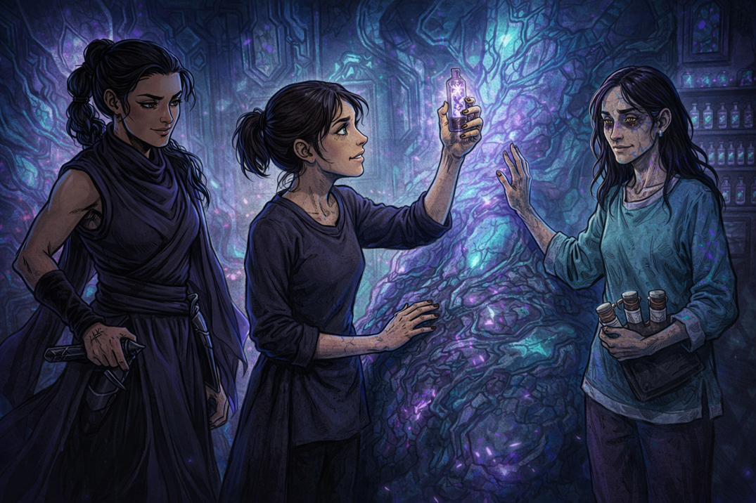 Iri holding the stabilizer vial in the shifting Veil chamber, Mara and Neriah beside her