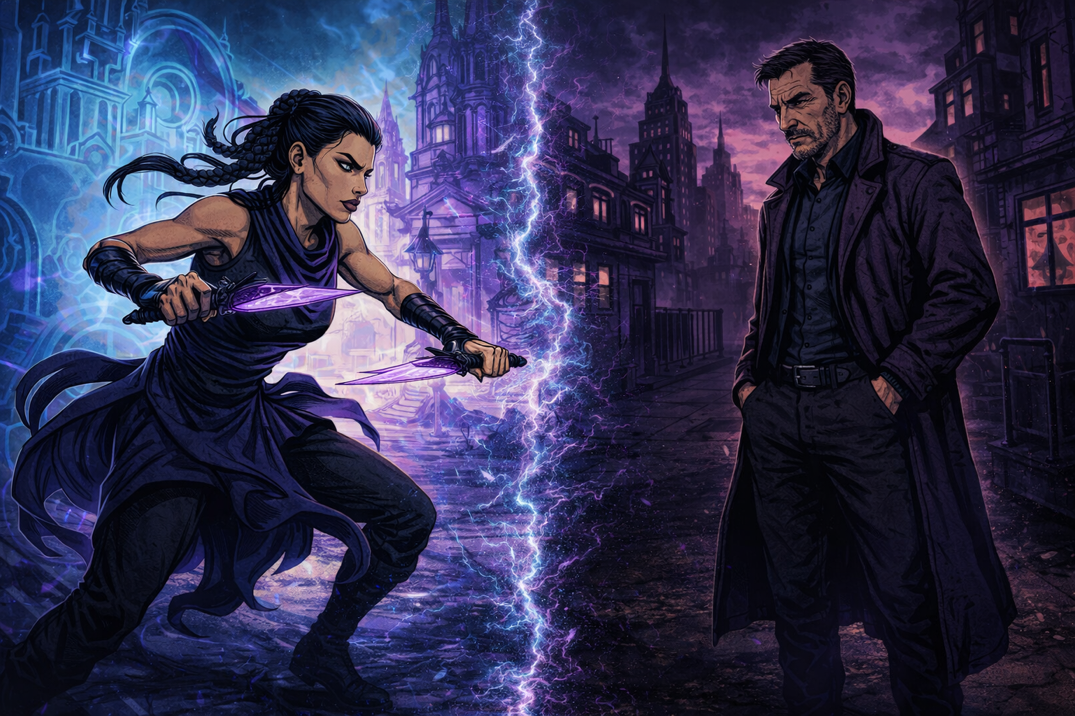 Mara confronting Kade at the boundary between territories, daggers drawn