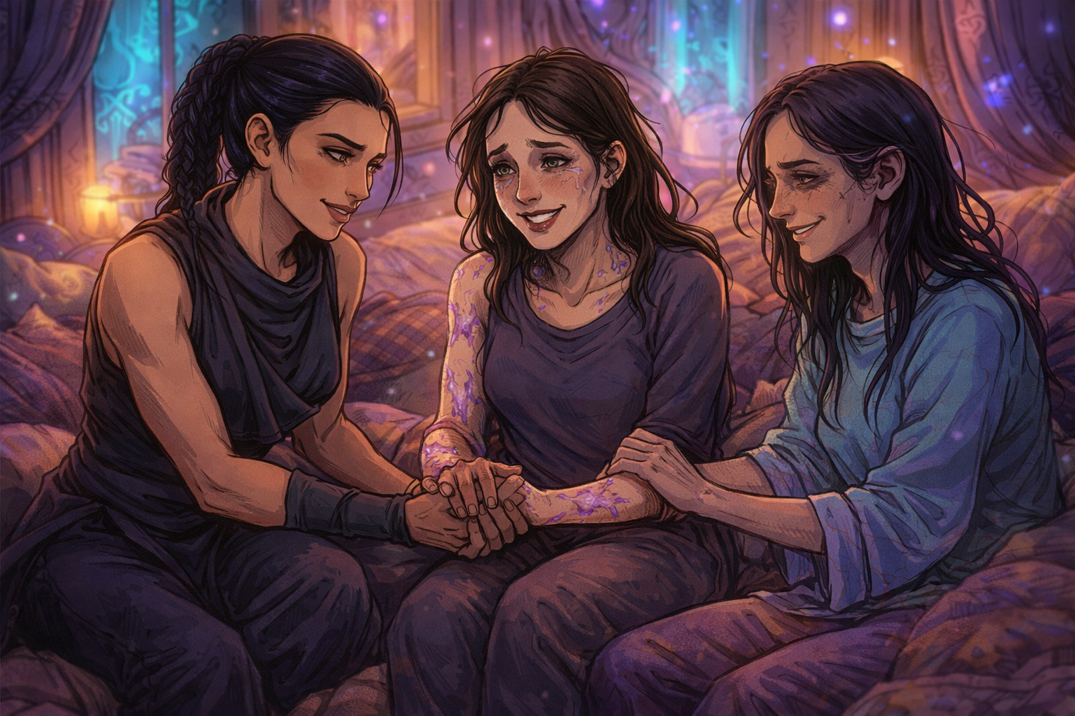 Iri, Mara, and Neriah sitting together in the warm glow of the Veil Sanctum