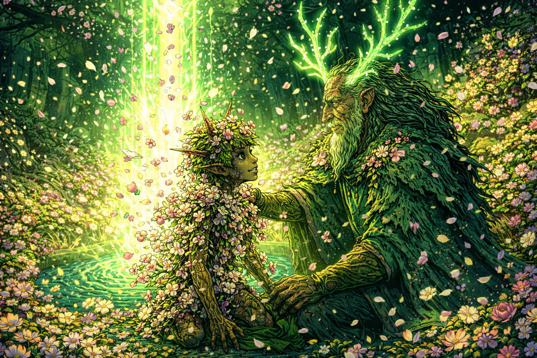 Bramble in the wellspring's light, flowers erupting, a trace of the child beneath the bark